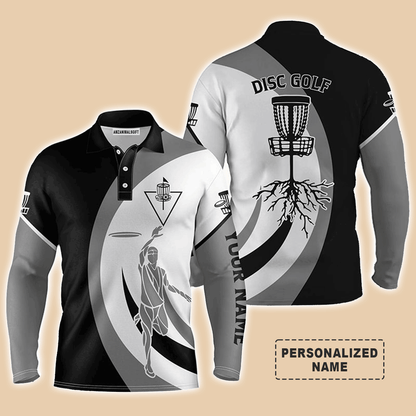 Custom Golf Long Sleeve Men Polo Shirt - Custom Name Black White Disc Golf Basket Apparel - Personalized Gift For Men, Disc Golf Lover