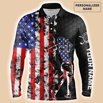 Custom Golf Long Sleeve Men Polo Shirt-  Custom Name American Flag Black Apparel Men Golf Polo Shirt- Perfect Polo Shirt For Men, Golf Lover