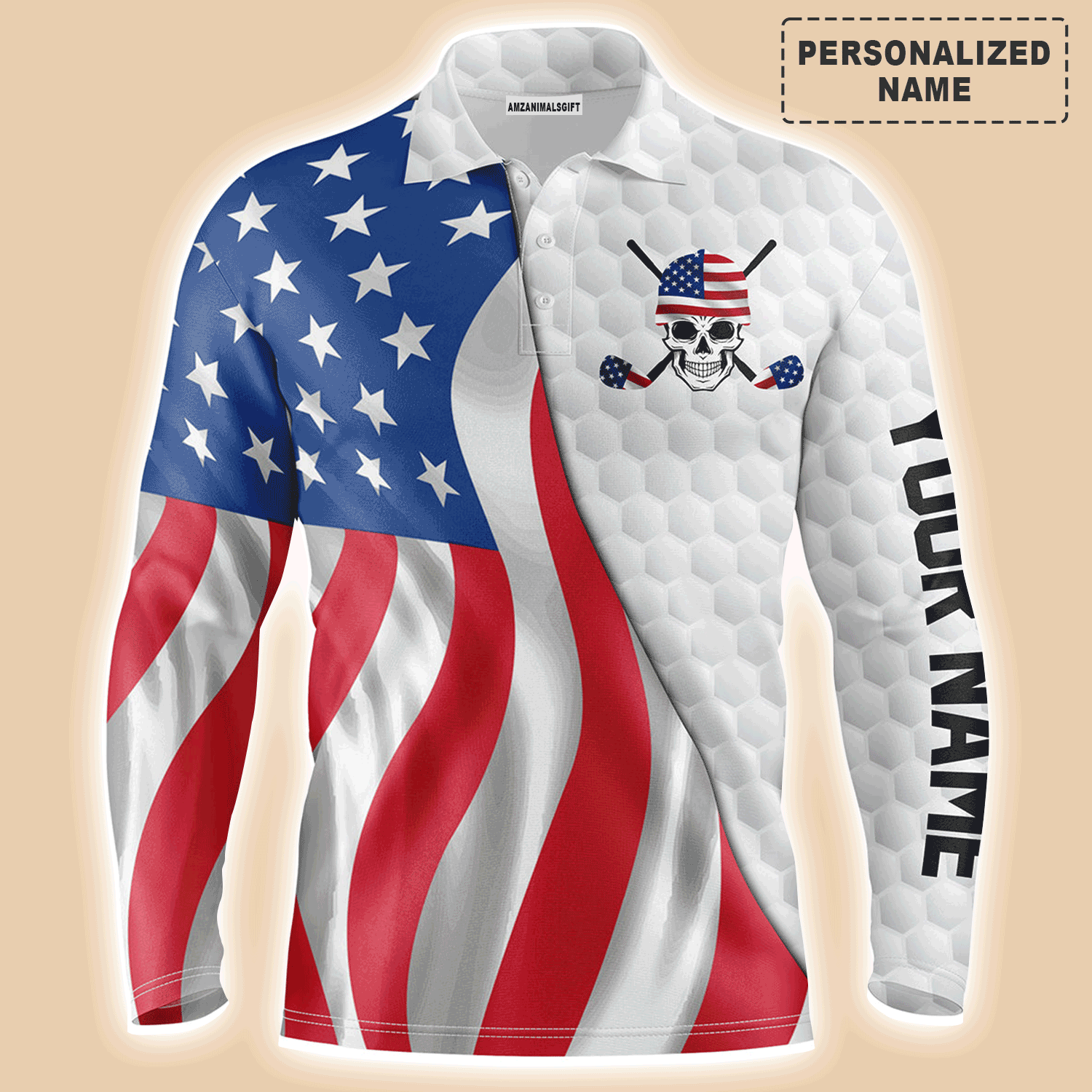 Custom Golf Long Sleeve Men Polo Shirt - Skull Pattern, Custom Name American Flag Polo Shirt - Personalized Gift For Men, Golf Lover