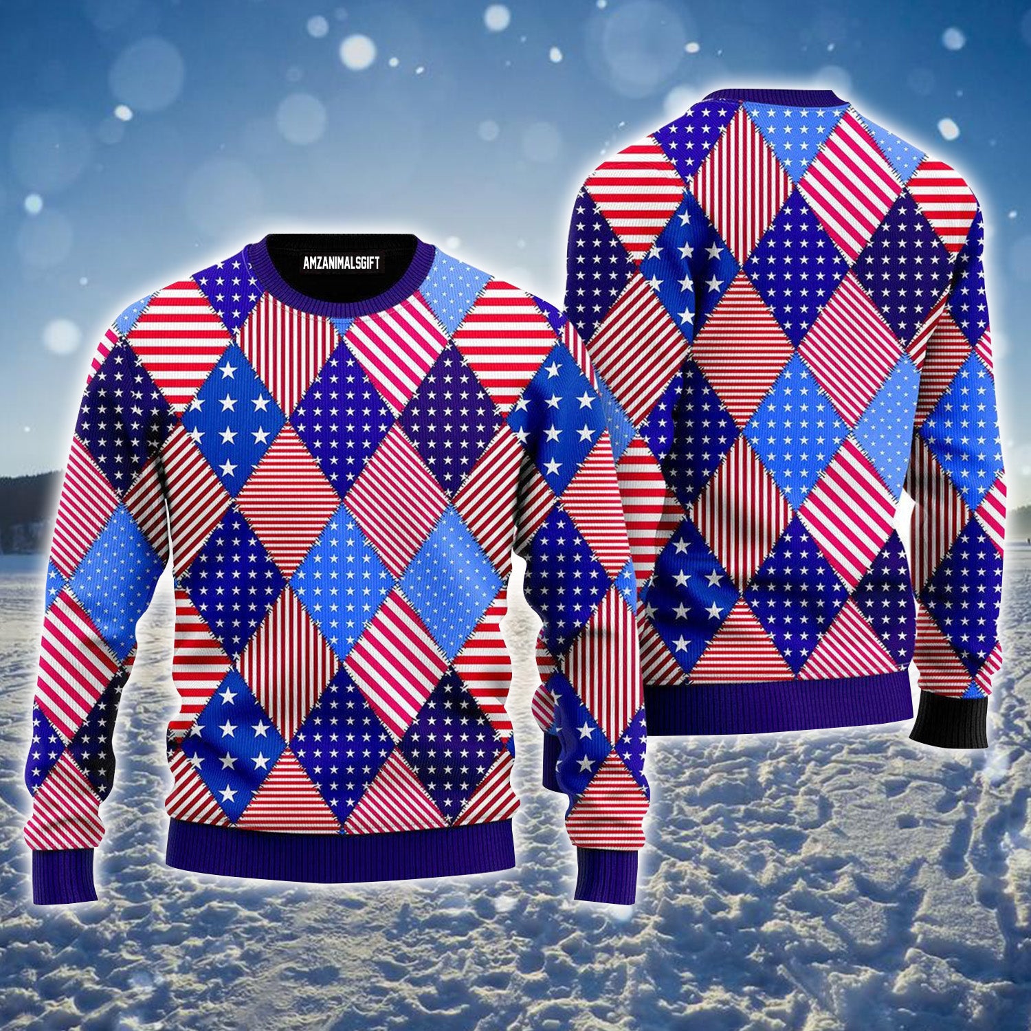 Patchwork American Flag Pattern Ugly Sweater For Men & Women, Perfect Outfit For Christmas New Year Autumn Winter