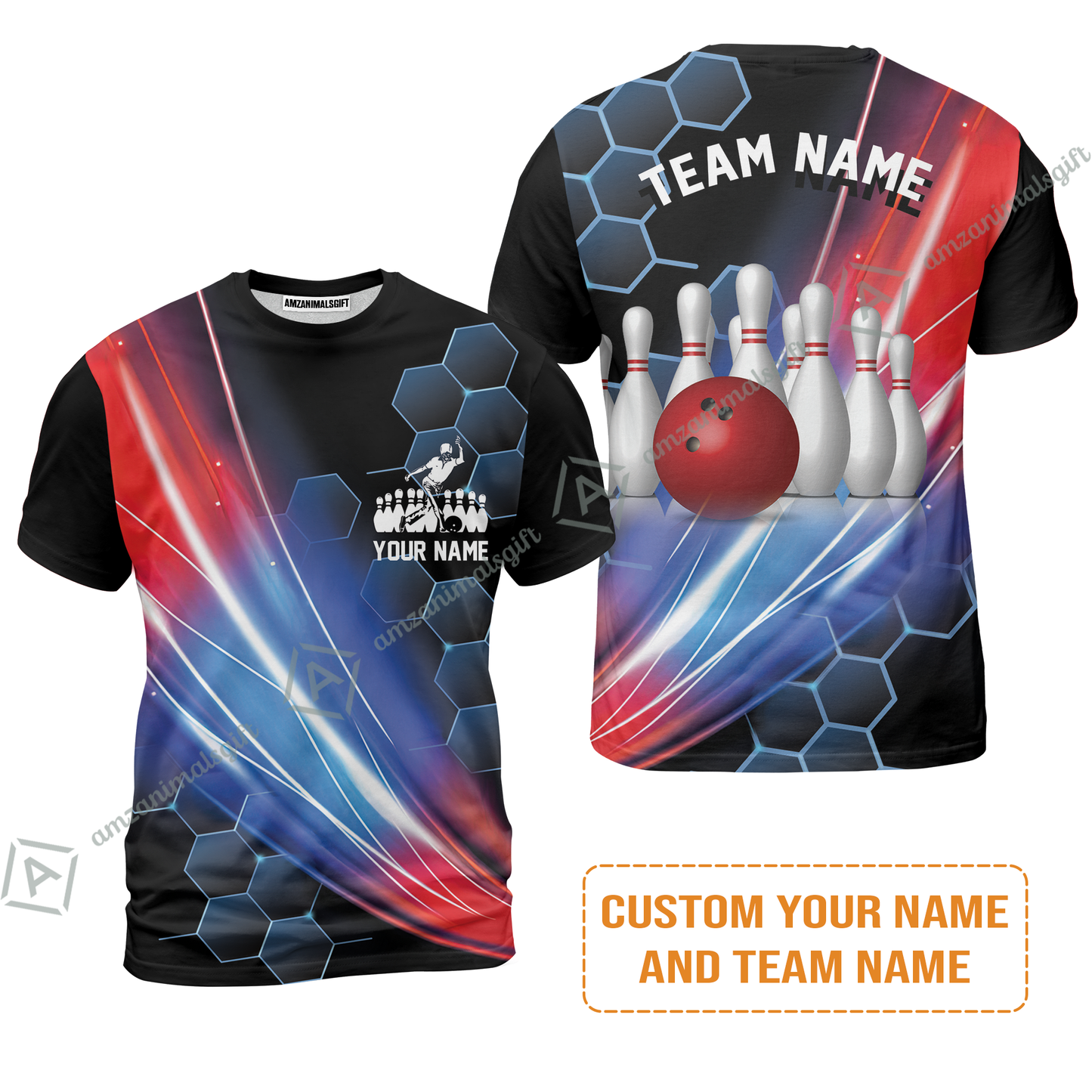 Personalized Bowling Men T Shirt - Custom Name & Team Name Honeycomb Pattern Bowling T Shirt For Men & Women Bowling Lover