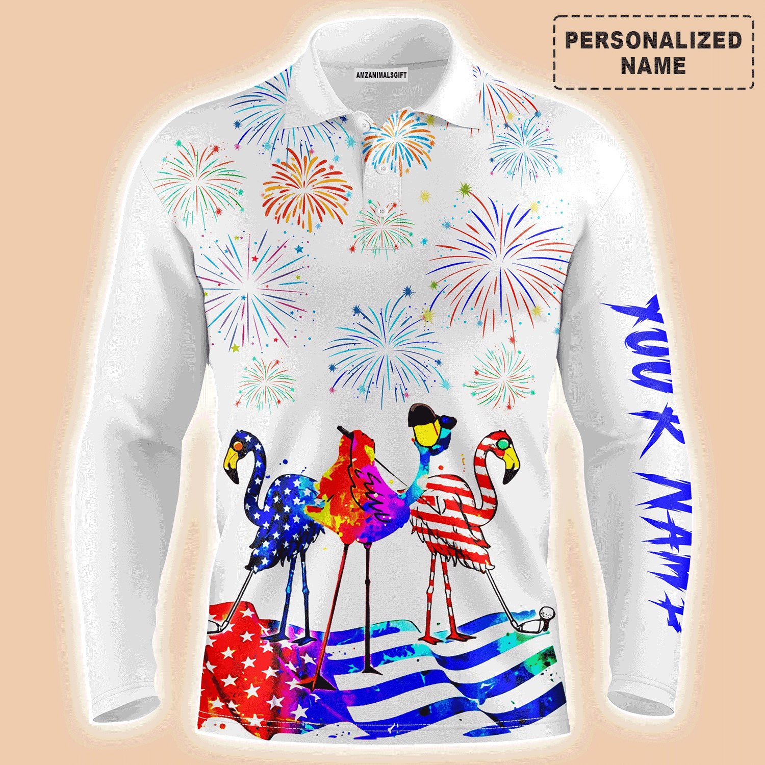 Custom Golf Long Sleeve Men Polo Shirt- Custom Name Funny Red White Blue Flamingo American flag - Perfect Gift For Men,Golf Lover
