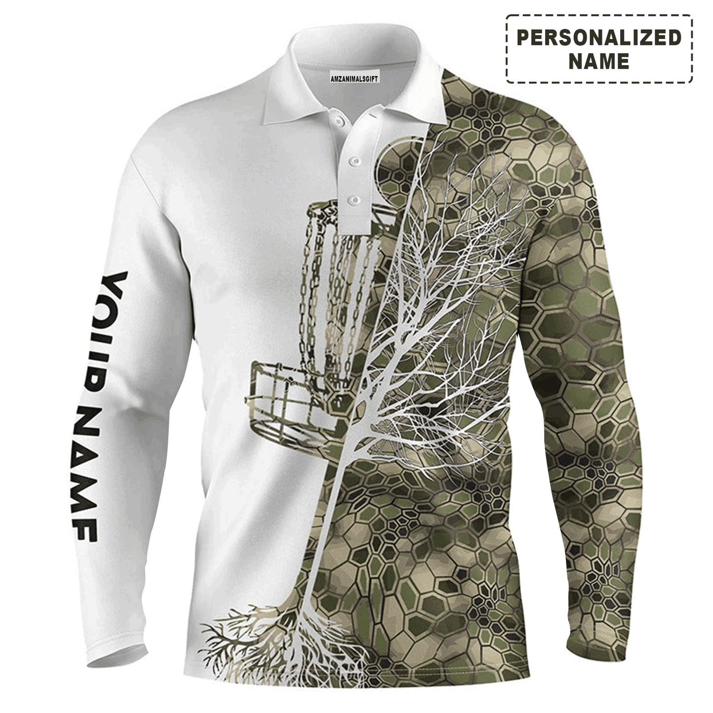 Custom Disc Golf Long Sleeve Men Polo Shirt - Custom Name Green Camo Disc Golf Basket Apparel Best Gift For Men, Disc Golf Lover