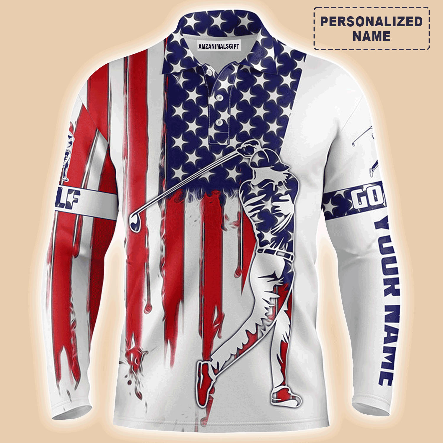 Custom Golf Long Sleeve Men Polo Shirt - American Flag Custom Name Apparel Men Golf Polo Shirt - Perfect Polo Shirt For Men, Golf Lover