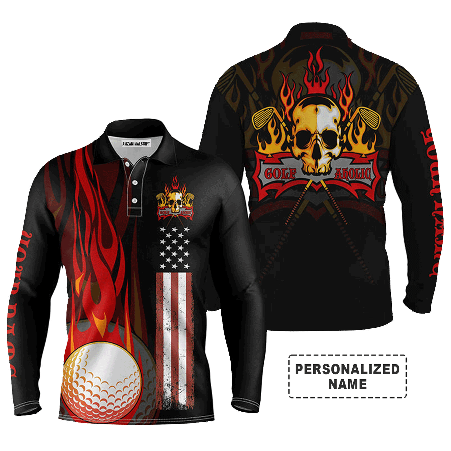 Custom Golf Long Sleeve Men Polo Shirt - Flame Skull Golf Ball American Flag Custom Name Men Golf Polo Shirt - Perfect Polo Shirt For Men, Golfers