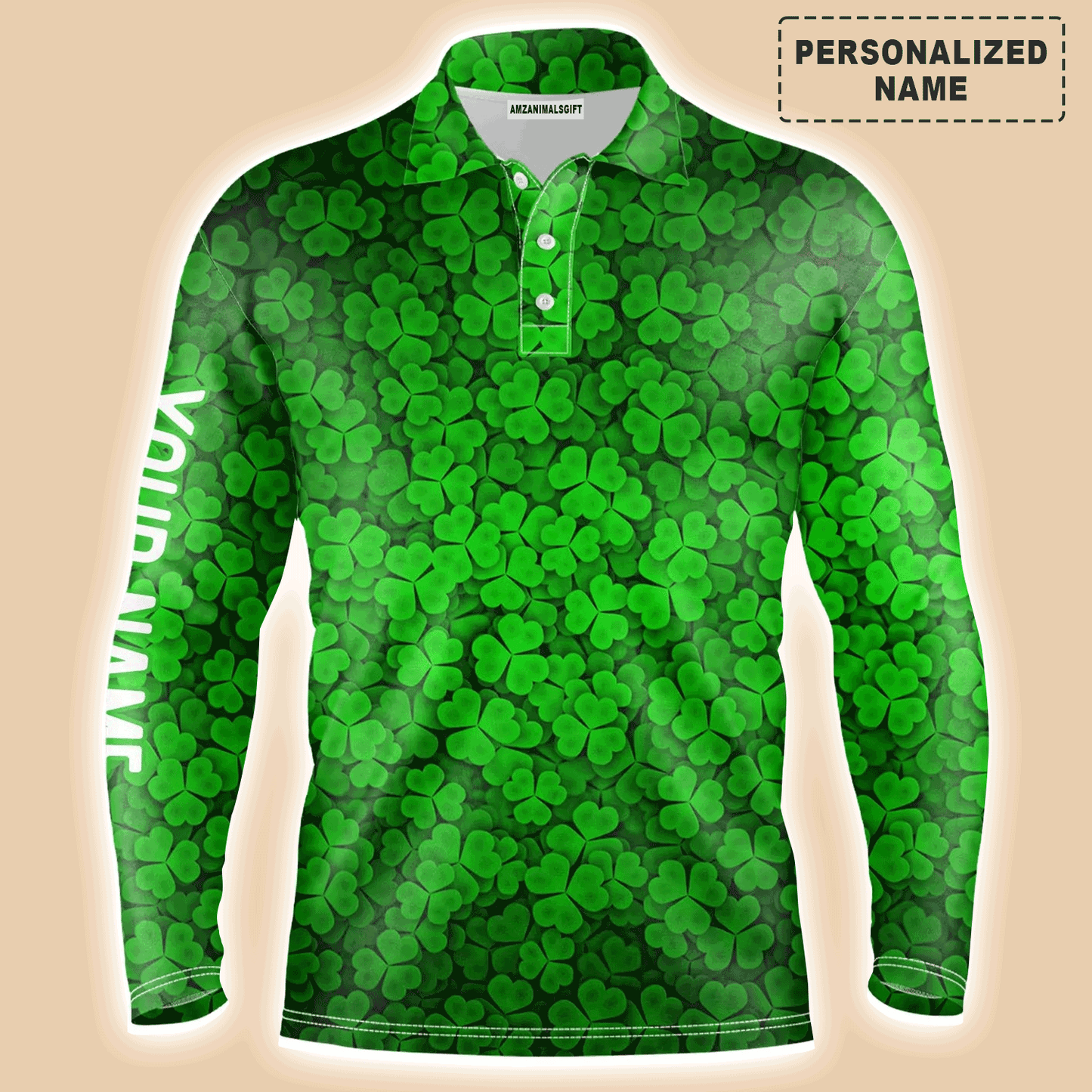 Custom Golf Long Sleeve Men Polo Shirt, Custom Name Green Clover St Patrick's Day Pattern Apparel - Perfect Gifts For Men, Golf Lovers