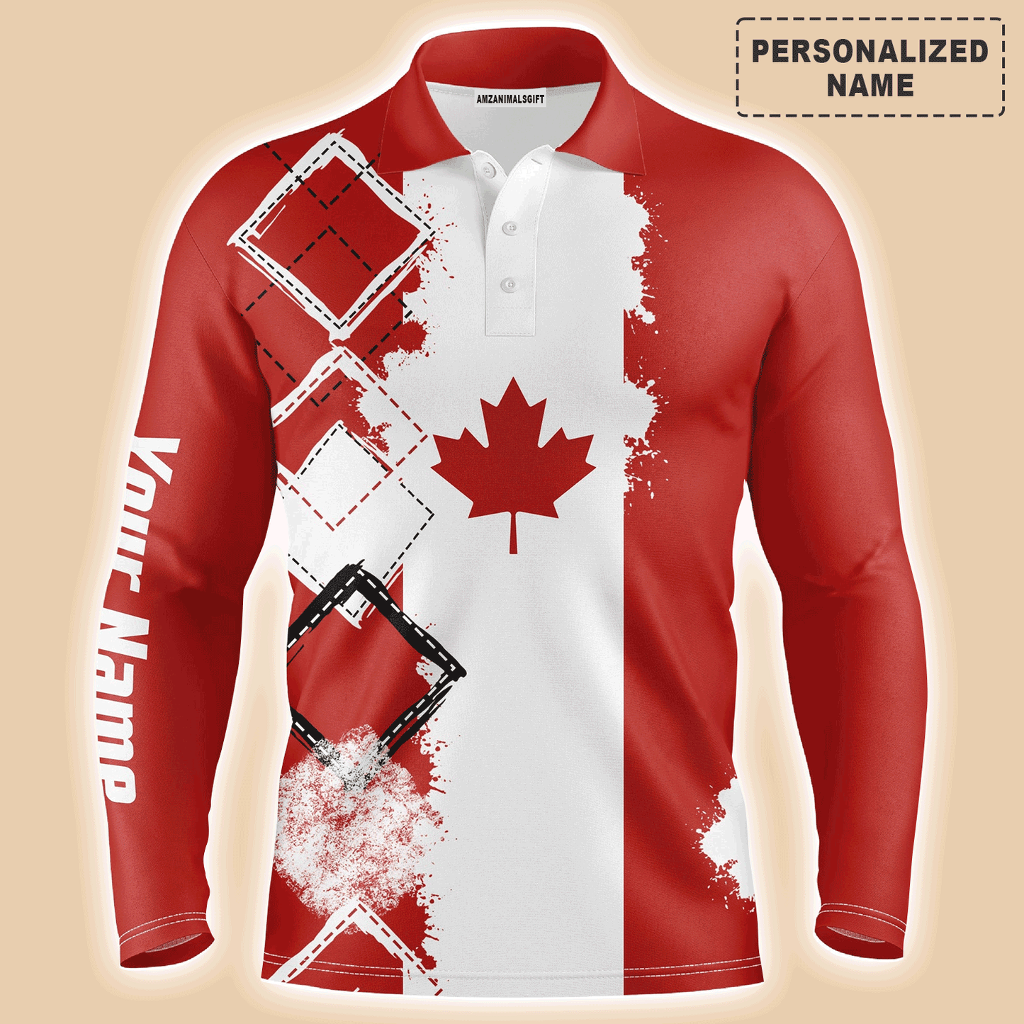 Custom Golf Long Sleeve Men Polo Shirt - Custom Name Canada Flag Patriot Apparel Men Golf Polo Shirt- Perfect Polo Shirt For Men, Golf Lover