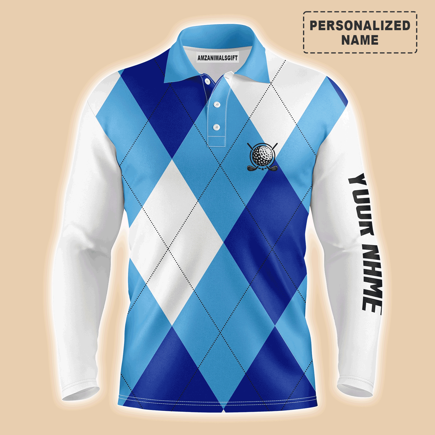 Custom Golf Long Sleeve Men Polo Shirt -Blue White Golf Pattern Custom Name Apparel-Personalized Gift For Golf Lover, Team, Golfer, Husband, Boyfriend