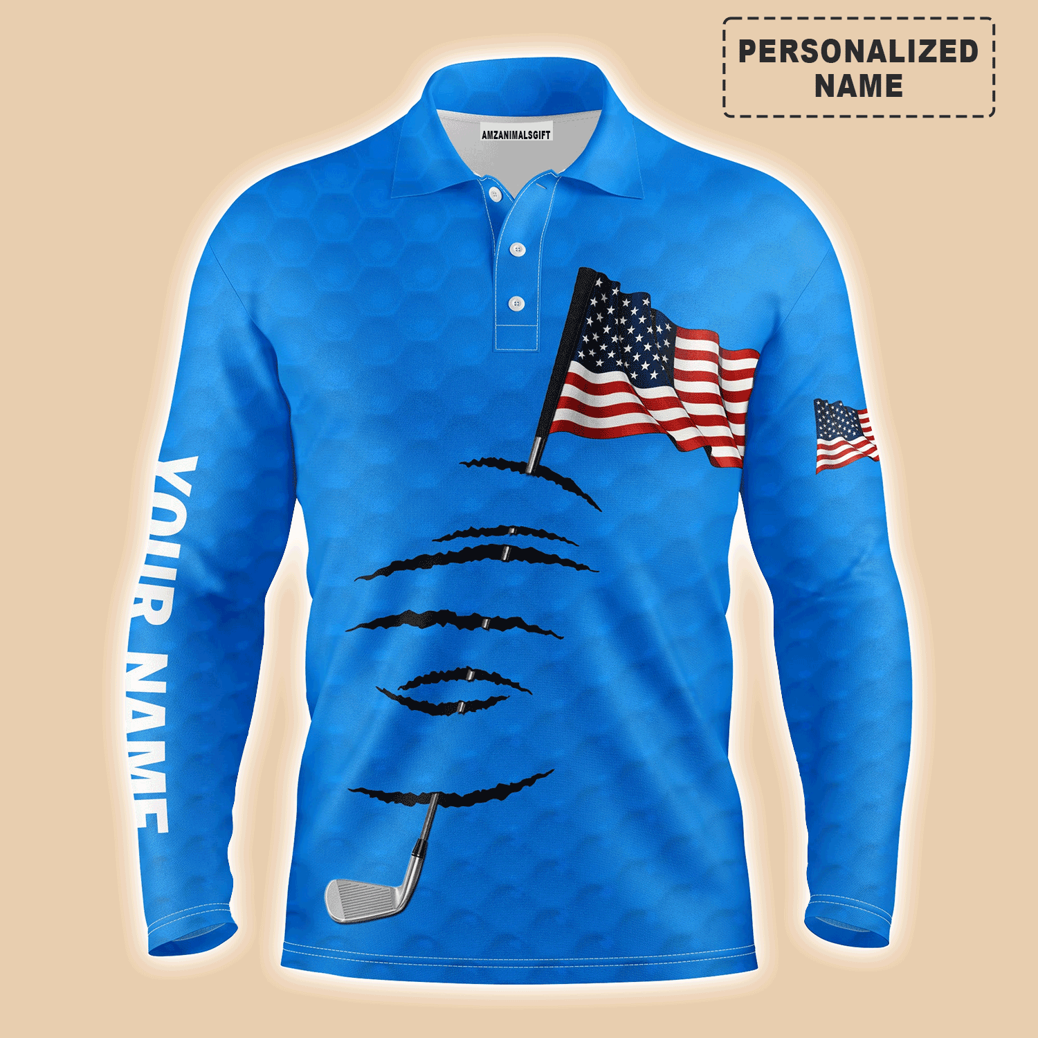 Custom Golf Long Sleeve Men Polo Shirt - American Flag 4th July Custom Name Blue Men Golf Polo Shirt - Perfect Polo Shirt For Men, Golfers