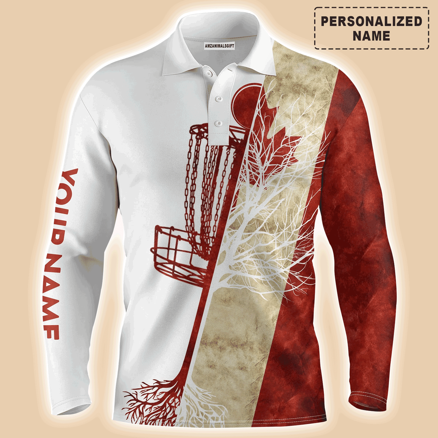 Custom Disc Golf Long Sleeve Men Polo Shirt-  Custom Name Canada Flag Disc Golf Basket Apparel Men Polo Shirt For Men, Disc Golf Lover