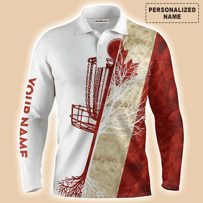 Custom Disc Golf Long Sleeve Men Polo Shirt-  Custom Name Canada Flag Disc Golf Basket Apparel Men Polo Shirt For Men, Disc Golf Lover