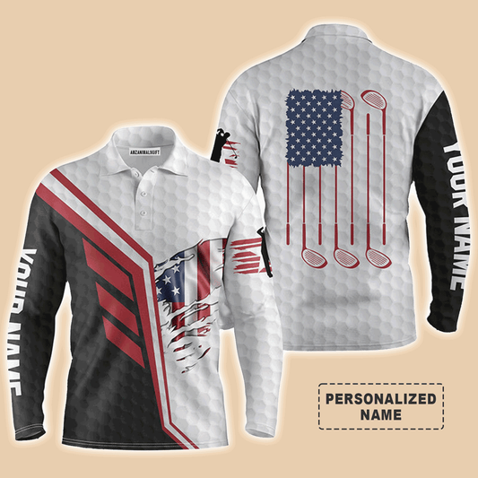 Custom Golf Long Sleeve Men Polo Shirt - American Flag Golf Clubs White Golf Balls Skin Custom Name Men Golf Polo Shirt - Perfect Polo Shirt For Men