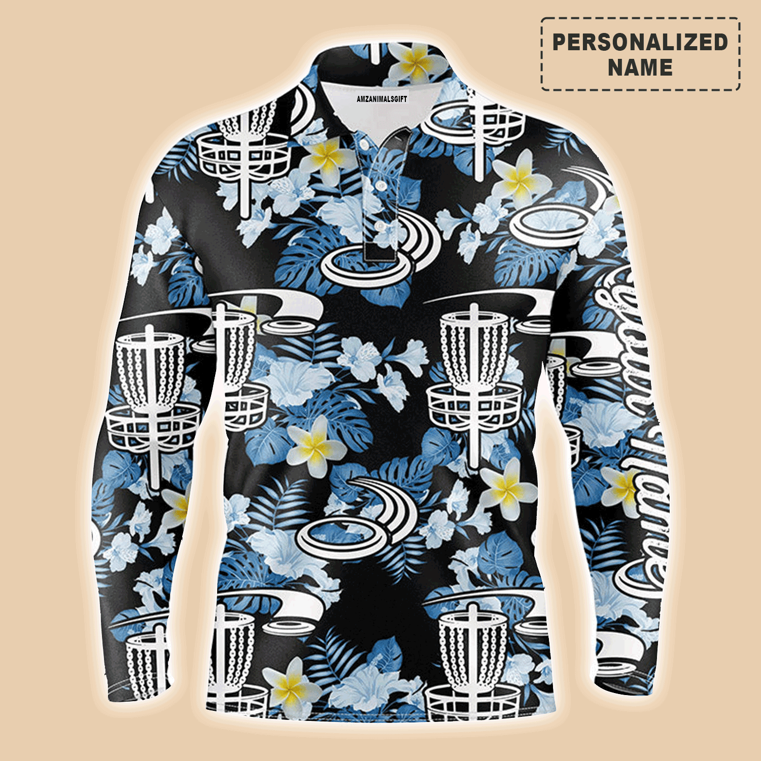 Custom Golf Long Sleeve Men Polo Shirt -Disc Golf Hole Basket Blue Leaf Flower Pattern Custom Name Apparel-Personalized Gift For Disc Golf Lover, Team