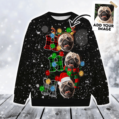 Custom Pet Sweater - Personalized Pet Face Ugly Sweater, Ho Ho Ho Christmas Light Ugly Sweater Funny, Perfect Gift For Dog Lovers, Friend, Family