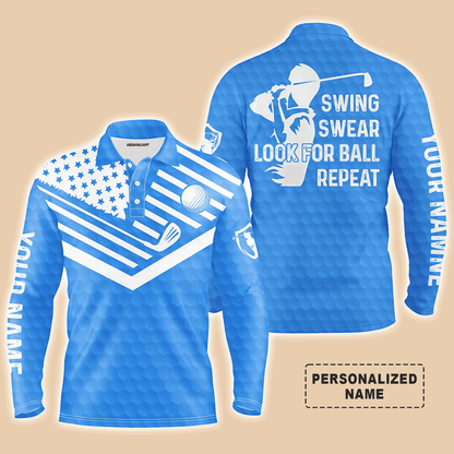 Custom Golf Long Sleeve Men Polo Shirt -  Custom Name American Flag Apparel - Swing Swear Look For Ball Repeat Men Golf Polo Shirt