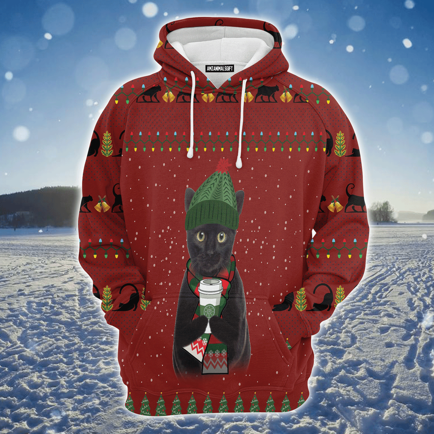 Black Cat Premium Christmas Hoodie, Cute Black Cat Coffee Unisex Hoodie For Men & Women - Perfect Gift For Christmas, Black Cat Lover