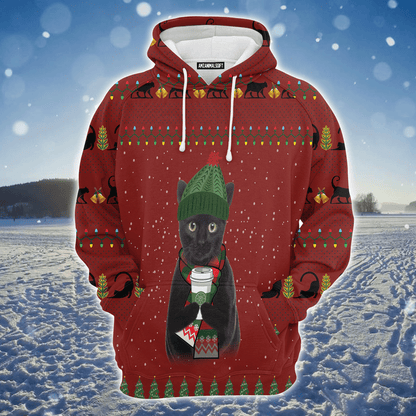 Black Cat Premium Christmas Hoodie, Cute Black Cat Coffee Unisex Hoodie For Men & Women - Perfect Gift For Christmas, Black Cat Lover