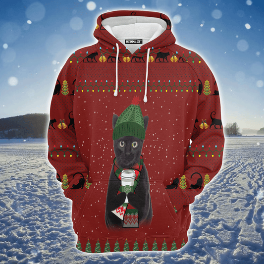 Black Cat Premium Christmas Hoodie, Cute Black Cat Coffee Unisex Hoodie For Men & Women - Perfect Gift For Christmas, Black Cat Lover