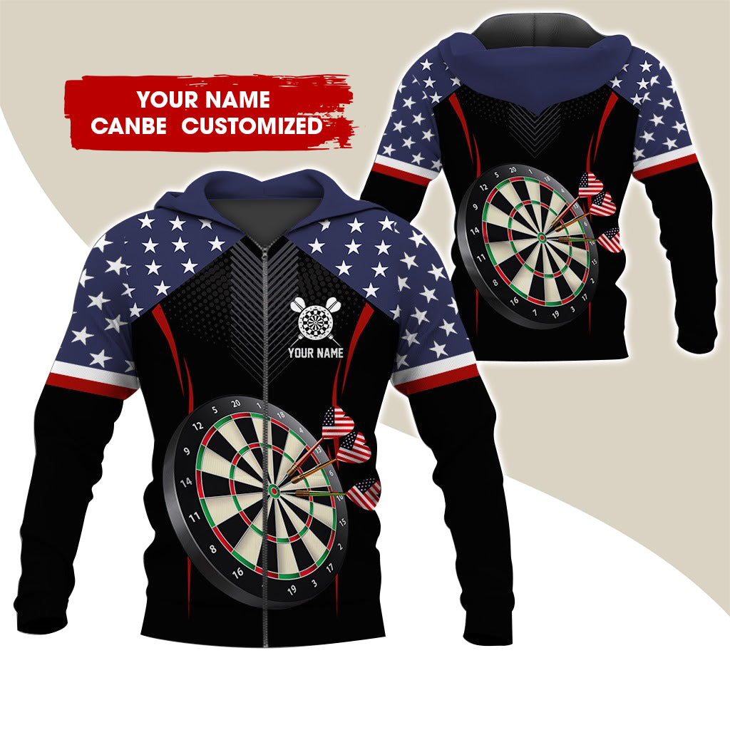 Personalized Name Darts Premium Zip Hoodie, Customized American Flag Darts Zip Hoodie For Men & Women - Gift For Darts Lovers, Darts Players