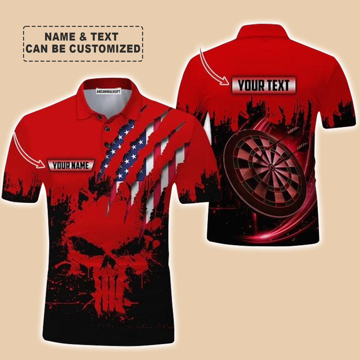 Customized Name & Text Darts Polo Shirt, Skull American Flag Personalized Name Darts Polo Shirt For Men - Perfect Gift For Darts Lovers, Darts Players