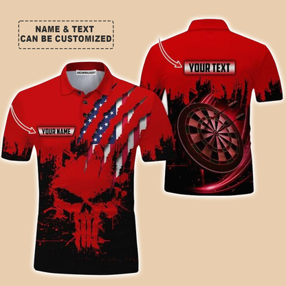 Customized Name & Text Darts Polo Shirt, Skull American Flag Personalized Name Darts Polo Shirt For Men - Perfect Gift For Darts Lovers, Darts Players