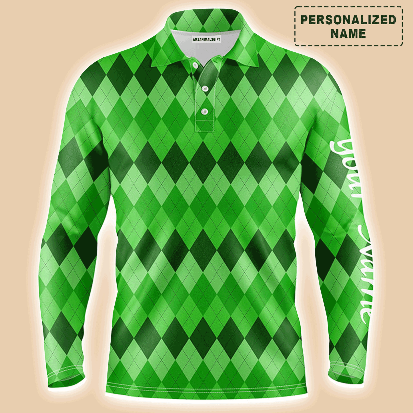 Custom Golf Long Sleeve Men Polo Shirt - Custom Name Green Argyle Pattern Apparel - Personalized Sports Gift For Men, Golf Lover