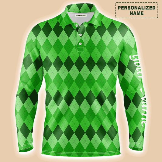 Custom Golf Long Sleeve Men Polo Shirt - Custom Name Green Argyle Pattern Apparel - Personalized Sports Gift For Men, Golf Lover