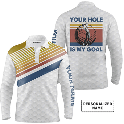 Custom Golf Long Sleeve Men Polo Shirt-Custom Name Vintage Golf Balls -Your Hole Is My Goal Men Golf Polo Shirt-Perfect Polo Shirt For Men, Golf Lover
