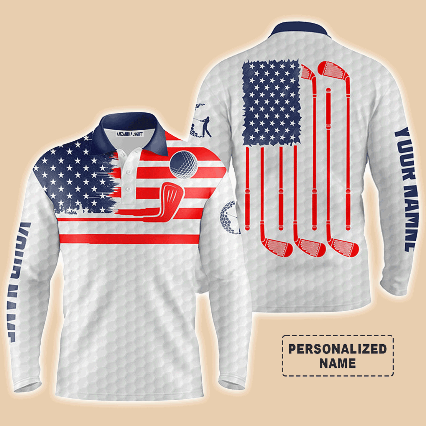 Custom Golf Long Sleeve Men Polo Shirt - American Flag Custom Name Multicolor Apparel Men Golf Polo Shirt - Perfect Polo Shirt For Men, Golf Lover