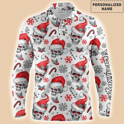 Custom Golf Long Sleeve Men Polo Shirt - Funny Christmas Men Polo Shirt, Skull Pattern Custom Name Apparel Men Polo Shirt  For Men