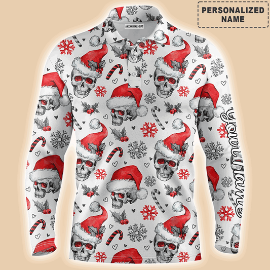 Custom Golf Long Sleeve Men Polo Shirt - Funny Christmas Men Polo Shirt, Skull Pattern Custom Name Apparel Men Polo Shirt  For Men