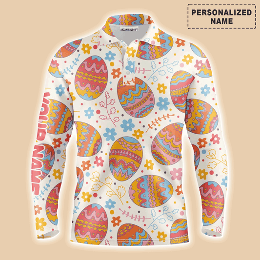 Custom Golf Long Sleeve Men Polo Shirt - Funny Easter Eggs Pattern Custom Name Golf Men Polo Shirt - Perfect Personalized Polo Shirt For Men, Golfers