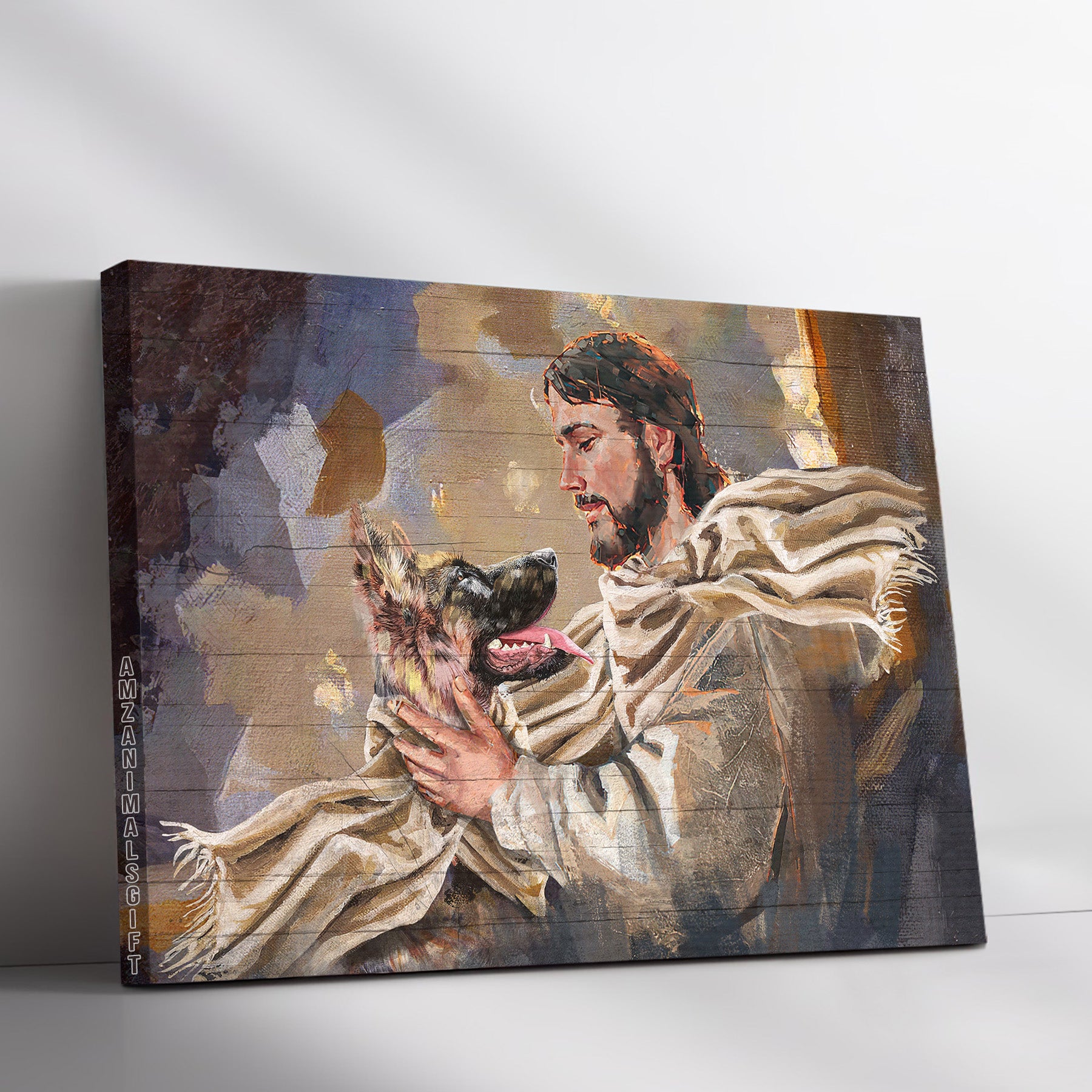 German Shepherd & Jesus Premium Wrapped Landscape Canvas - German Shepherd, Jesus Painting, Abstract Art, Christ The Redeemer - Gift For Christian