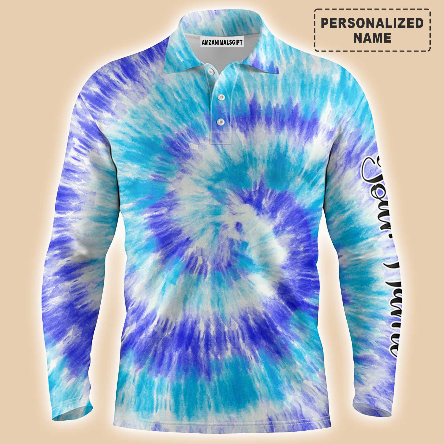 Custom Golf Long Sleeve Men Polo Shirt - Blue Turquoise Tie Dye Background Custom Name Golf Men Polo Shirt - Perfect Polo Shirt For Men, Golfers