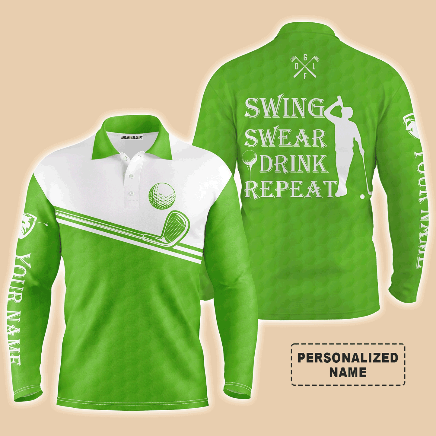 Golf Men Polo Shirt, Custom Name Multicolor Swing Swear Drink Repeat Apparel - Personalized Sports Gifts For Men, Husband, Boyfriend, Golf Lover