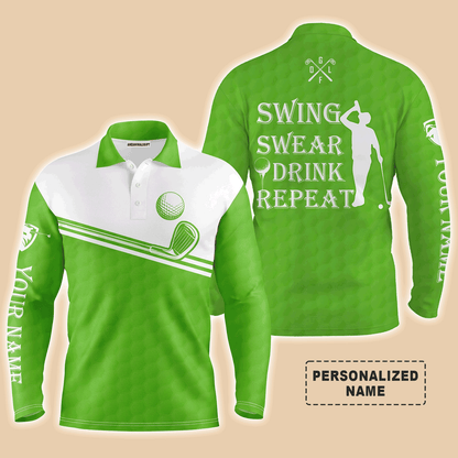 Golf Men Polo Shirt, Custom Name Multicolor Swing Swear Drink Repeat Apparel - Personalized Sports Gifts For Men, Husband, Boyfriend, Golf Lover