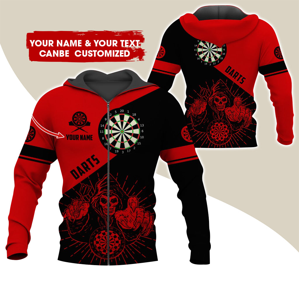 Customized Name Grim Reaper Darts Premium Zip Hoodie, Personalized Name Dartboard Zip Hoodie For Men & Women - Gift For Darts Lovers, Darts Players