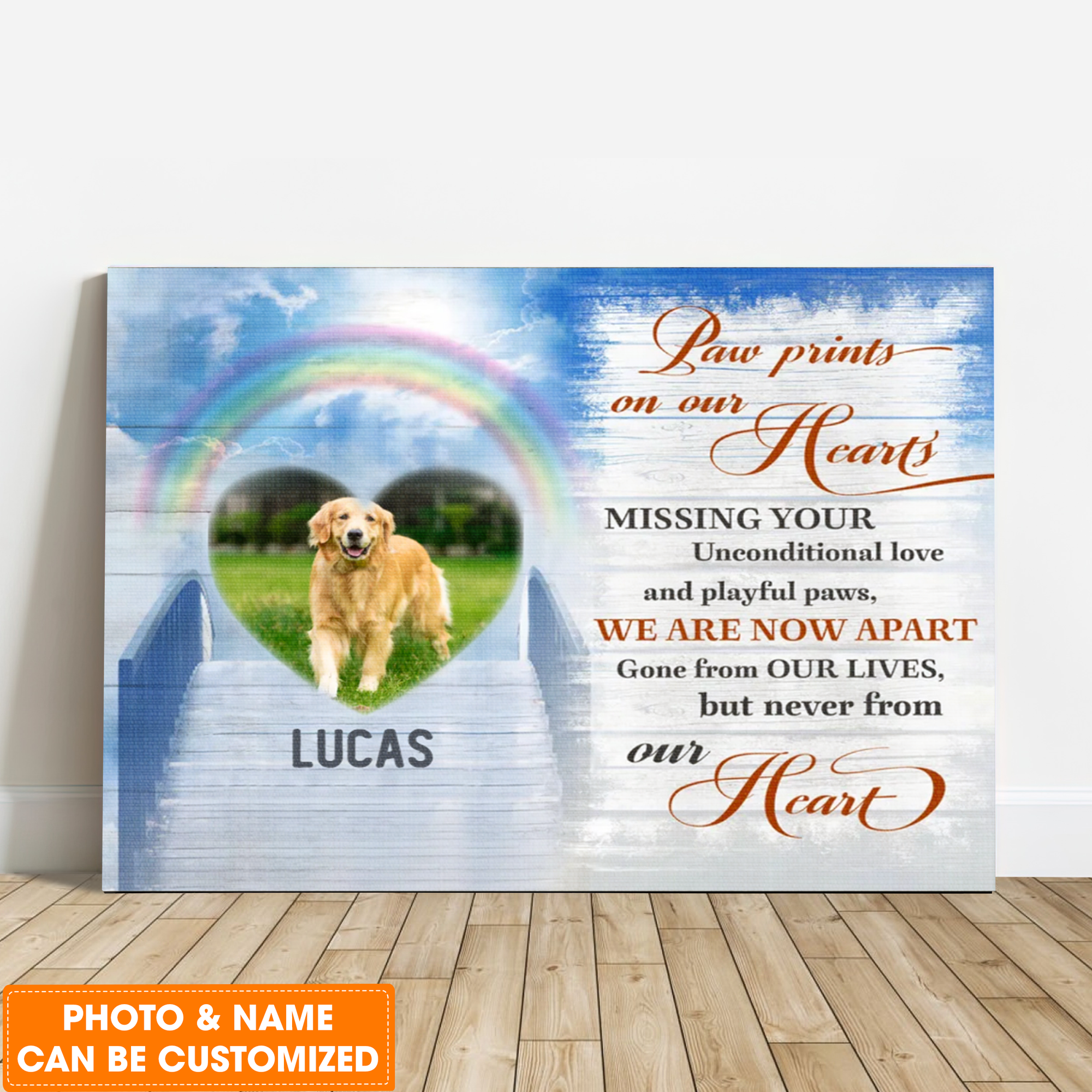 Personalized Dog Landscape Canvas, Paw Prints on our Hearts Canvas, Blue Sky & Rainbow Canvas, Perfect Gift For Dog Lovers, Friends, Family