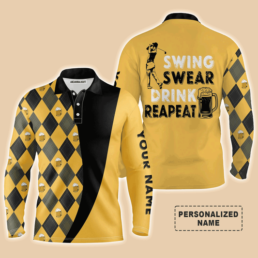 Custom Golf Long Sleeve Men Polo Shirt - Beer And Golf Men Polo Shirt, Swing Swear Drink Repeat Polo Shirt - Perfect Polo Shirt For Men, Golfers