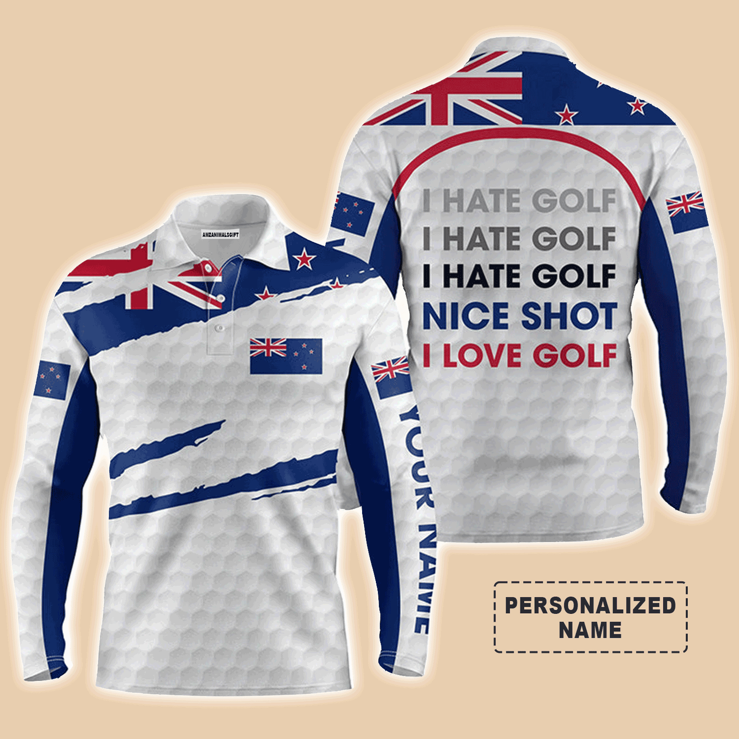 Golf Men Polo Shirt - Custom Name Zealand Flag Apparel, New I Hate Golf Nice Shot I Love Golf Men Golf Polo Shirt - Perfect Polo Shirt For Men, Golfers