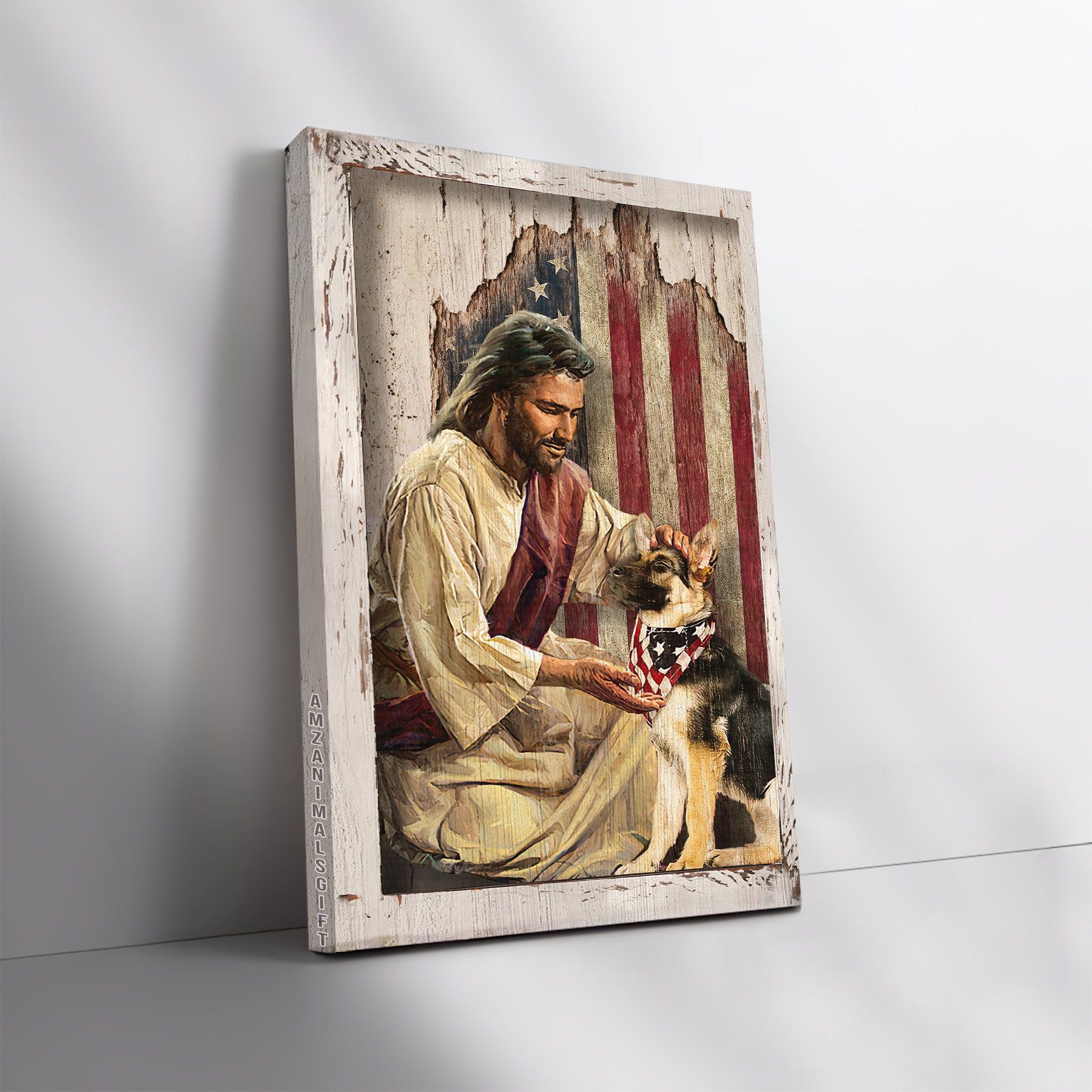 German Shepherd & Jesus Premium Wrapped Portrait Canvas - Unique Painting, Little German Shepherd, Antique US Flag - Gift For Christian, Dog Lovers
