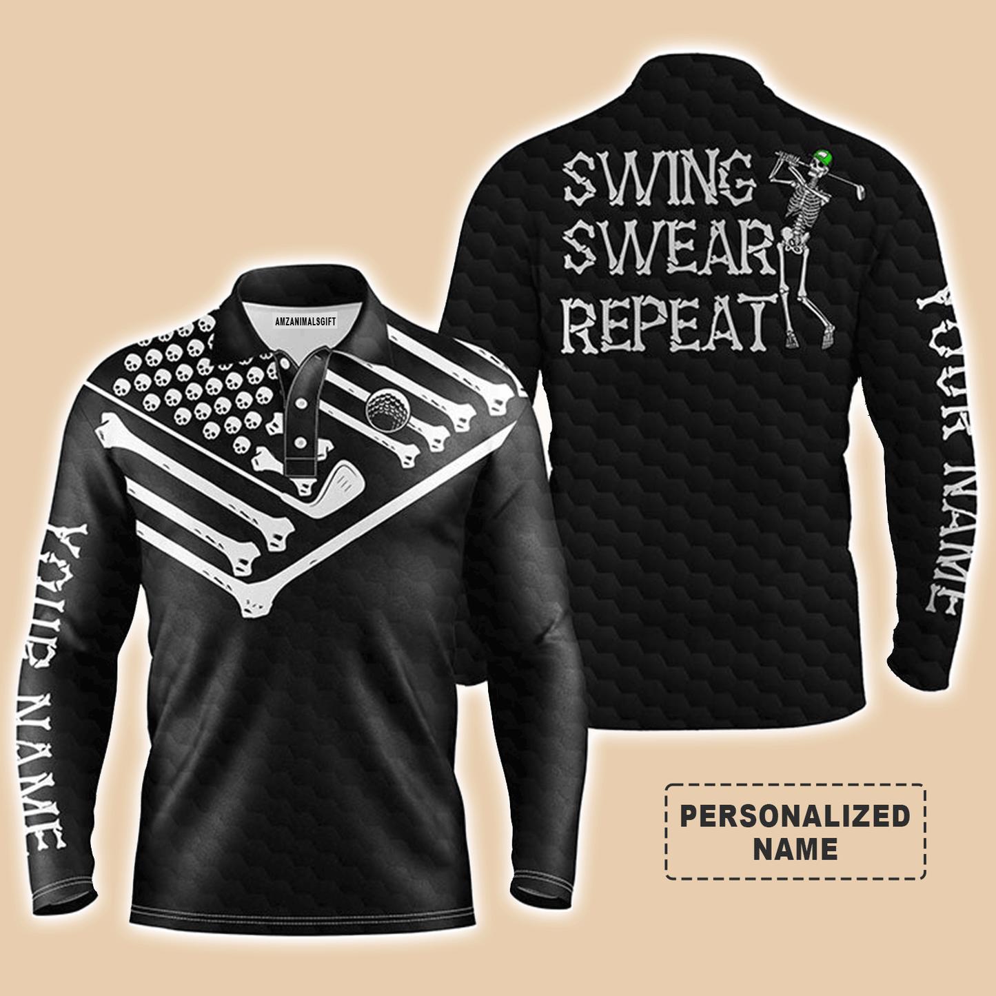 Custom Golf Long Sleeve Men Polo Shirt - Skeleton American Flag Black White, Swing Swear Repeat Polo Shirt - Personalized Gift For Golf Lover, Men