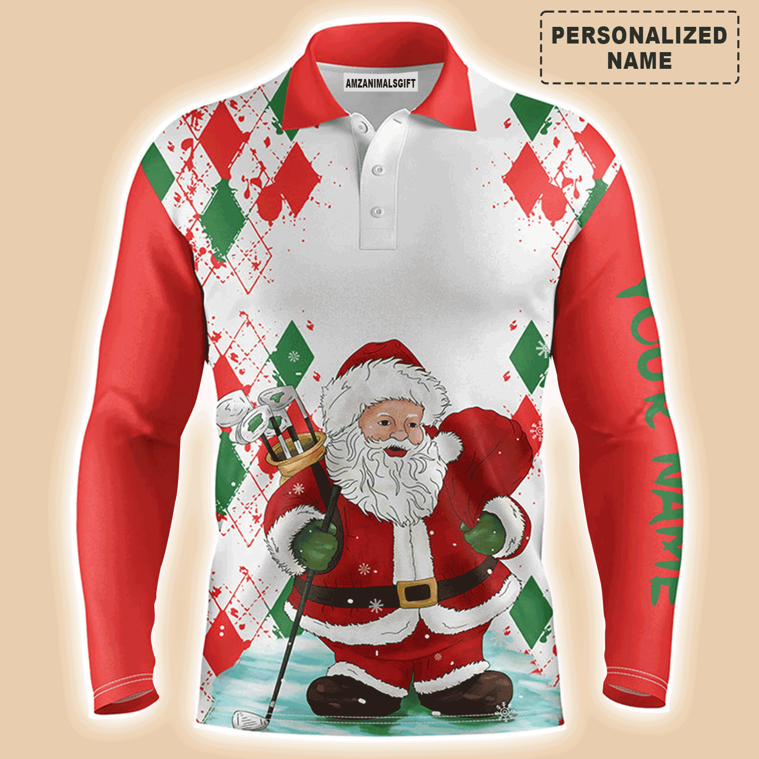Custom Golf Long Sleeve Men Polo Shirt - Christmas Santa Golfer Custom Name Apparel - Personalized Gift For Golf Lover, Team, Husband, Boyfriend, Men