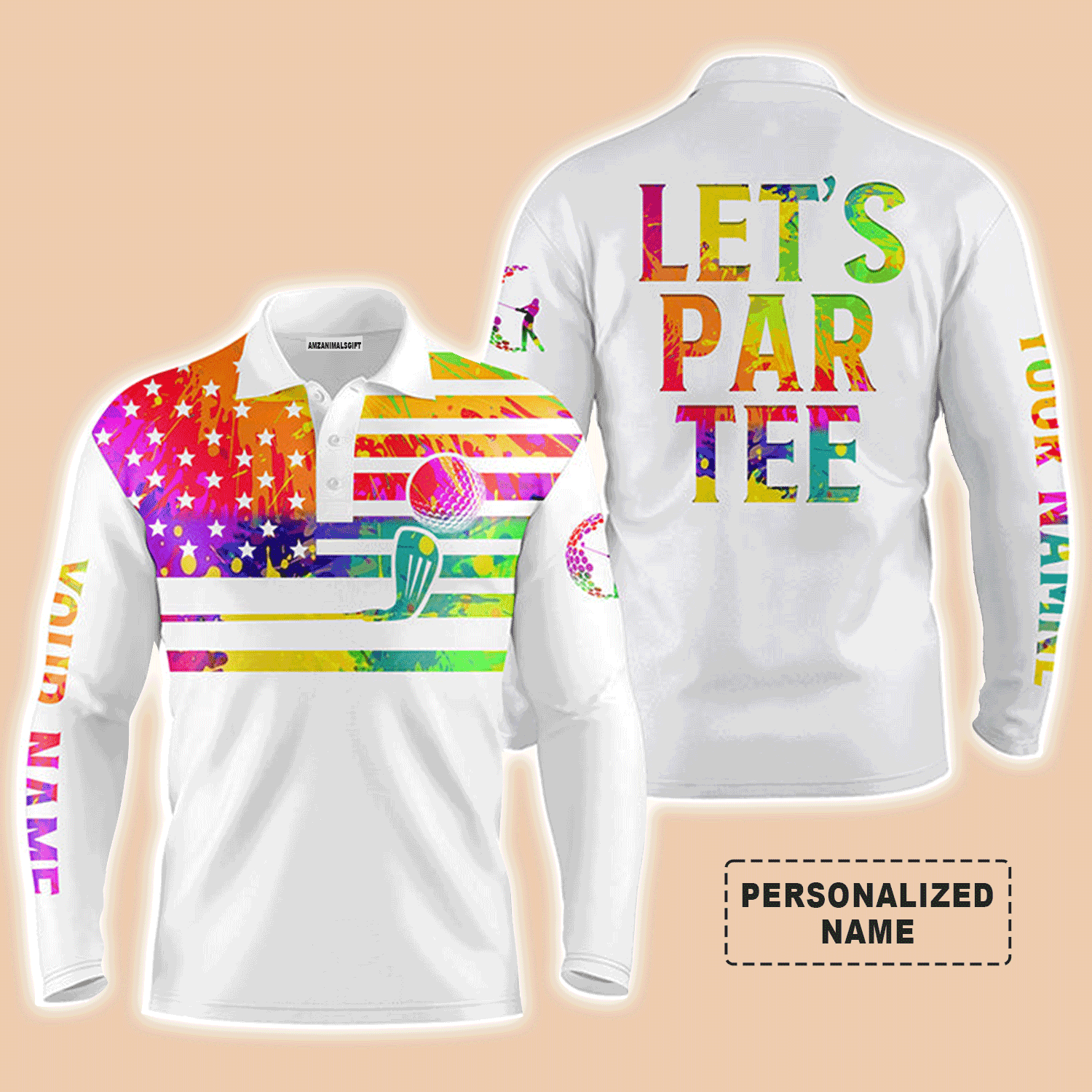 Custom Golf Long Sleeve Men Polo Shirt - Custom Name Watercolor American Flag White Apparel, Let’s Par Tee Men Golf Polo Shirt