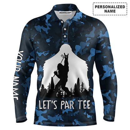 Custom Golf Long Sleeve Men Polo Shirt - Bigfoot Golf Custom Name, Funny Bigfoot Blue Camo Custom Polo Shirt - Perfect Polo Shirt For Men, Golfers
