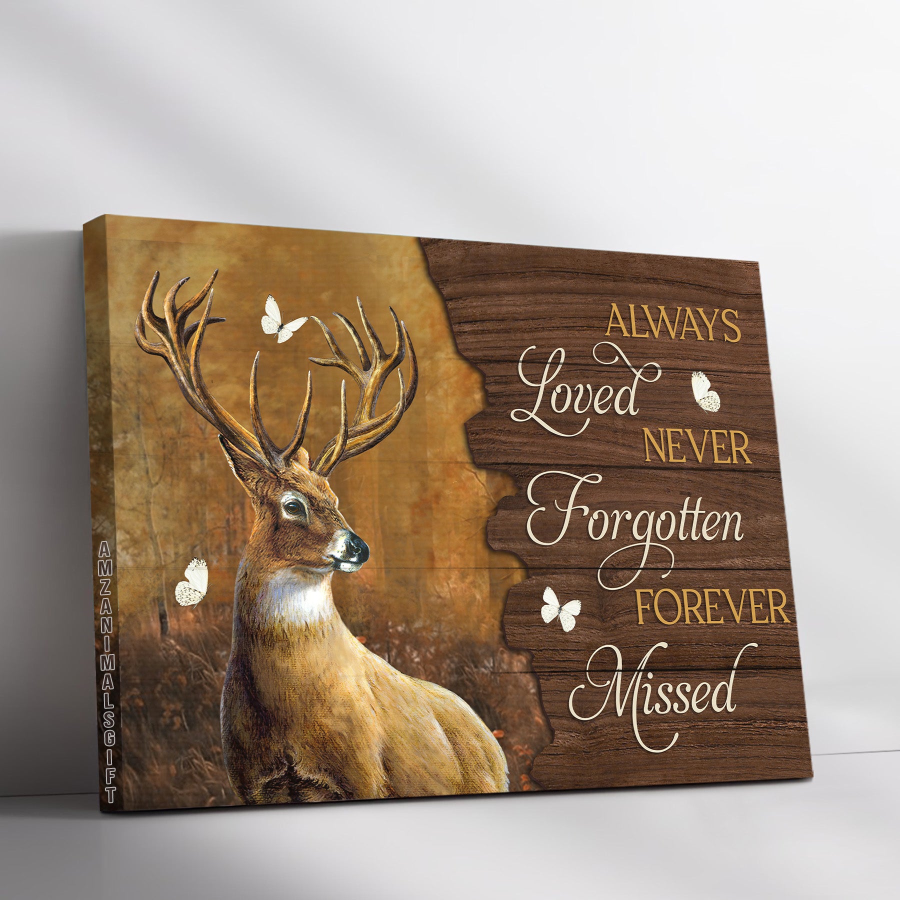 Memorial Premium Wrapped Landscape Canvas - Big Deer, Butterfly, Dark Forest, Always Loved Never Forgotten Forever Missed - Gift For Members Family