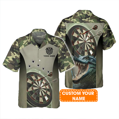 Customized Darts Hawaiian Shirt, Camo Darts, Personalized Name Crocodile And Darts Hawaiian Shirt For Men - Perfect Gift For Darts Lovers, Darts Players
