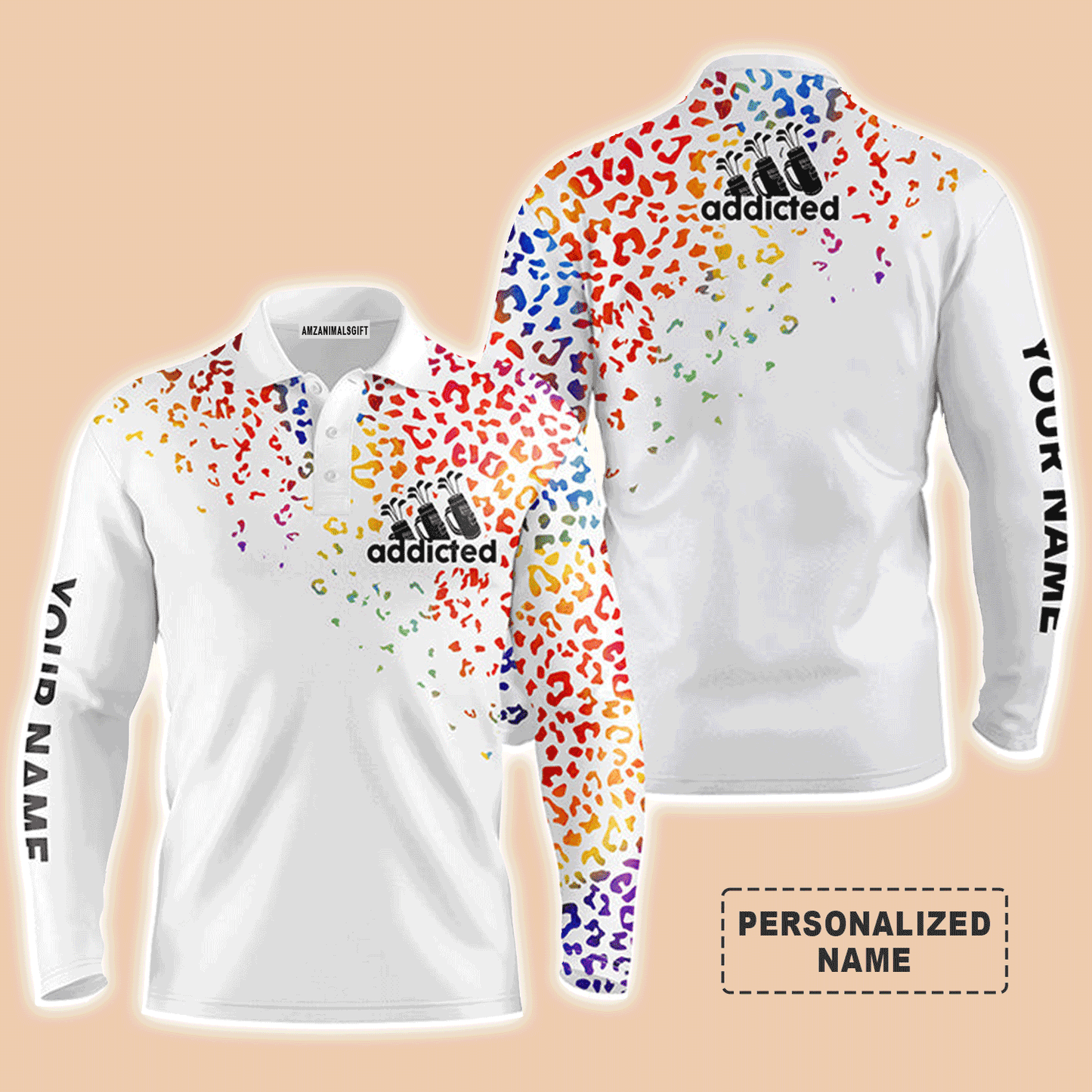 Custom Golf Long Sleeve Men Polo Shirt - Watercolor Leopard Addicted Custom Name Apparel - Personalized Gift For Men, Golf Lover