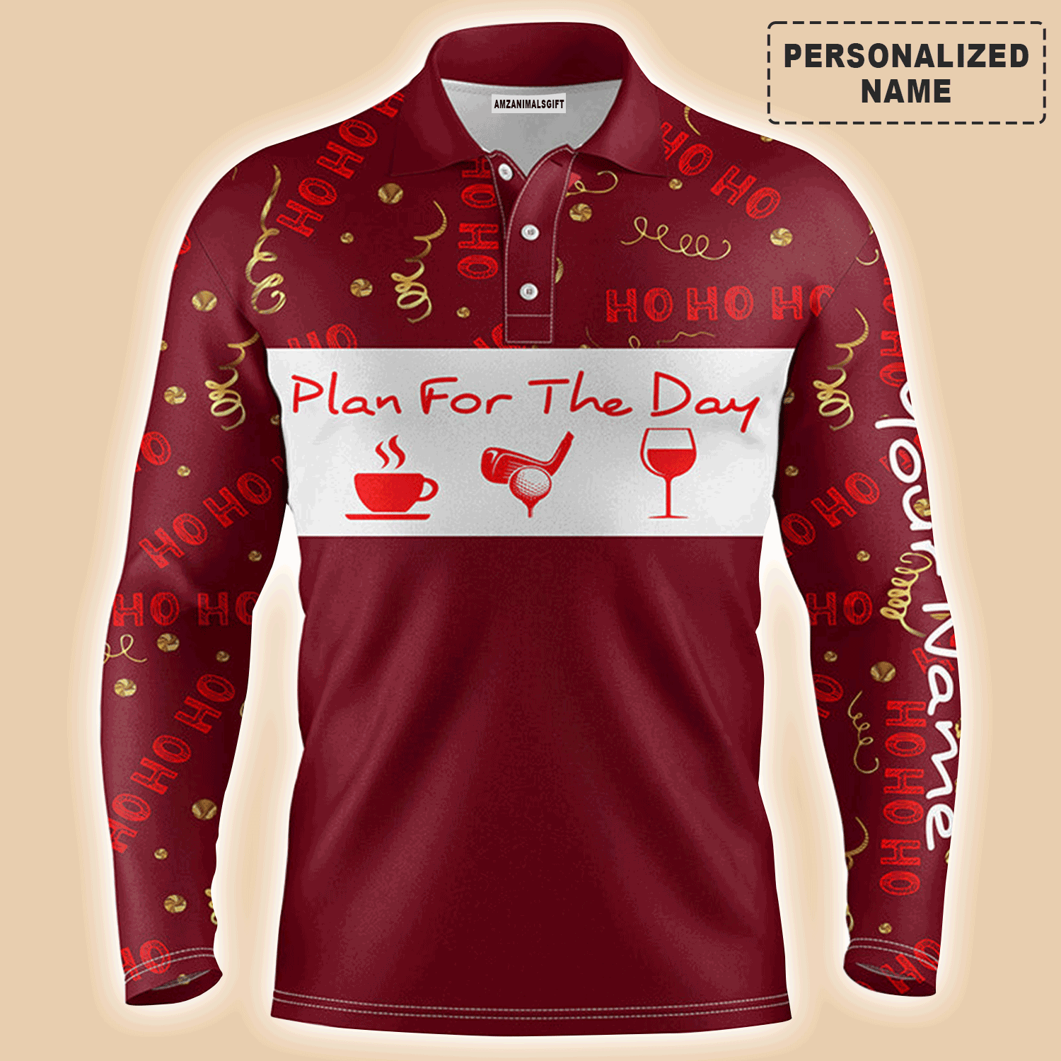 Custom Golf Long Sleeve Men Polo Shirt - Plan For The Day Coffee Golf Wine Men Golf Polo Shirt- Perfect Polo Shirt For Men, Golfers