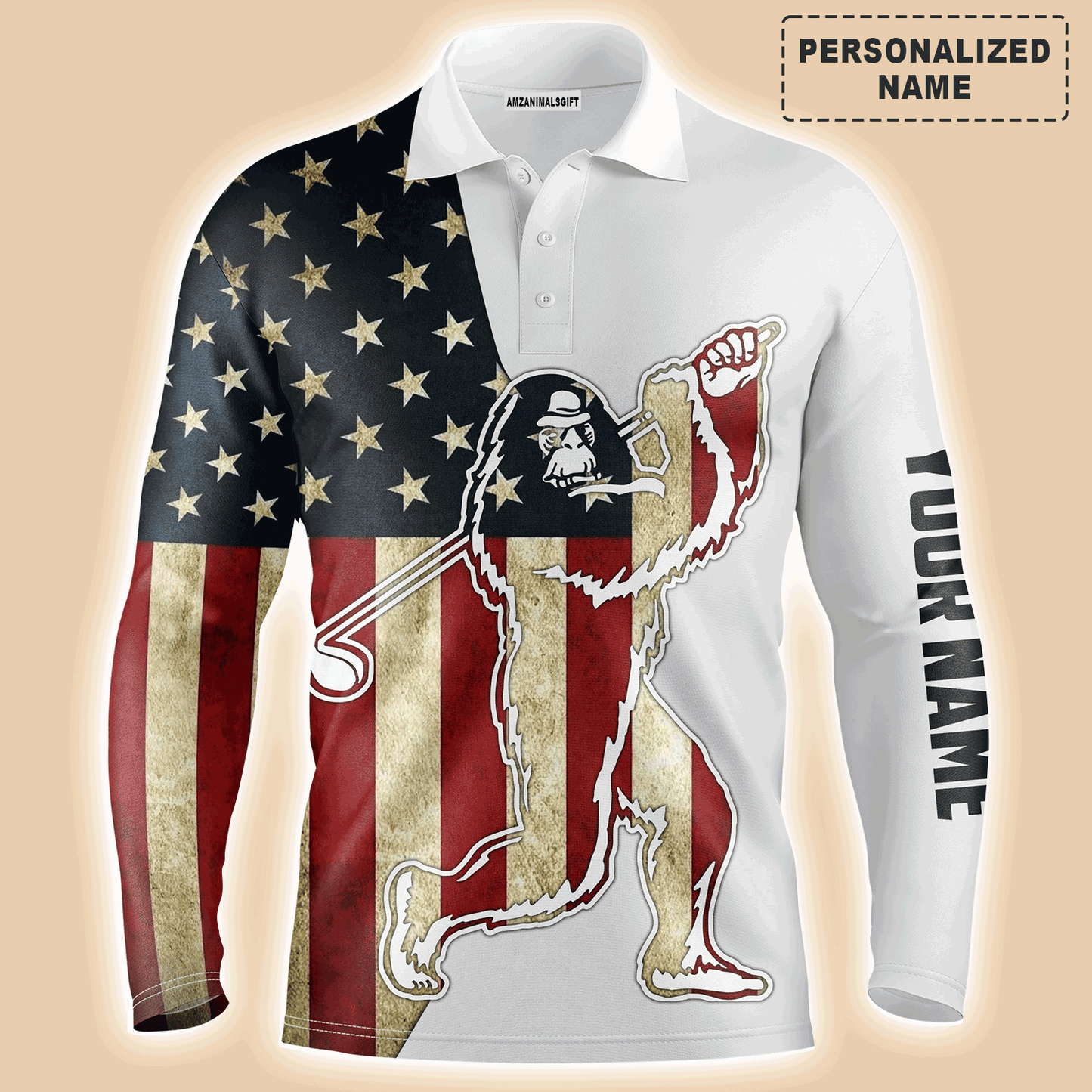 Custom Golf Long Sleeve Men Polo Shirt- Funny Bigfoot Golf Polo Shirts, Camo Pattern Sasquatch Playing Golf Apparel Men Polo Shirt For Golf Lover